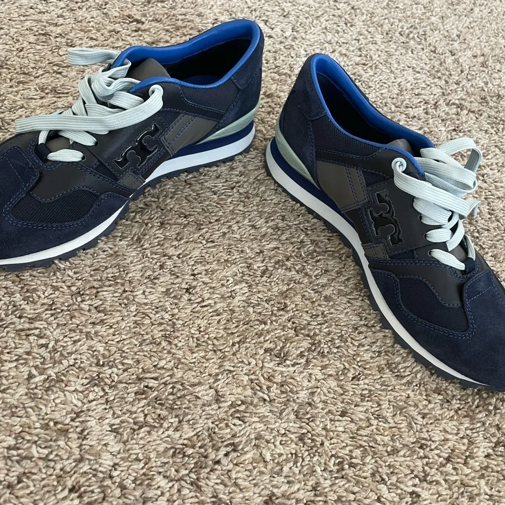 Tory Burch Tory Sport Blue Suede Trainers T Logo